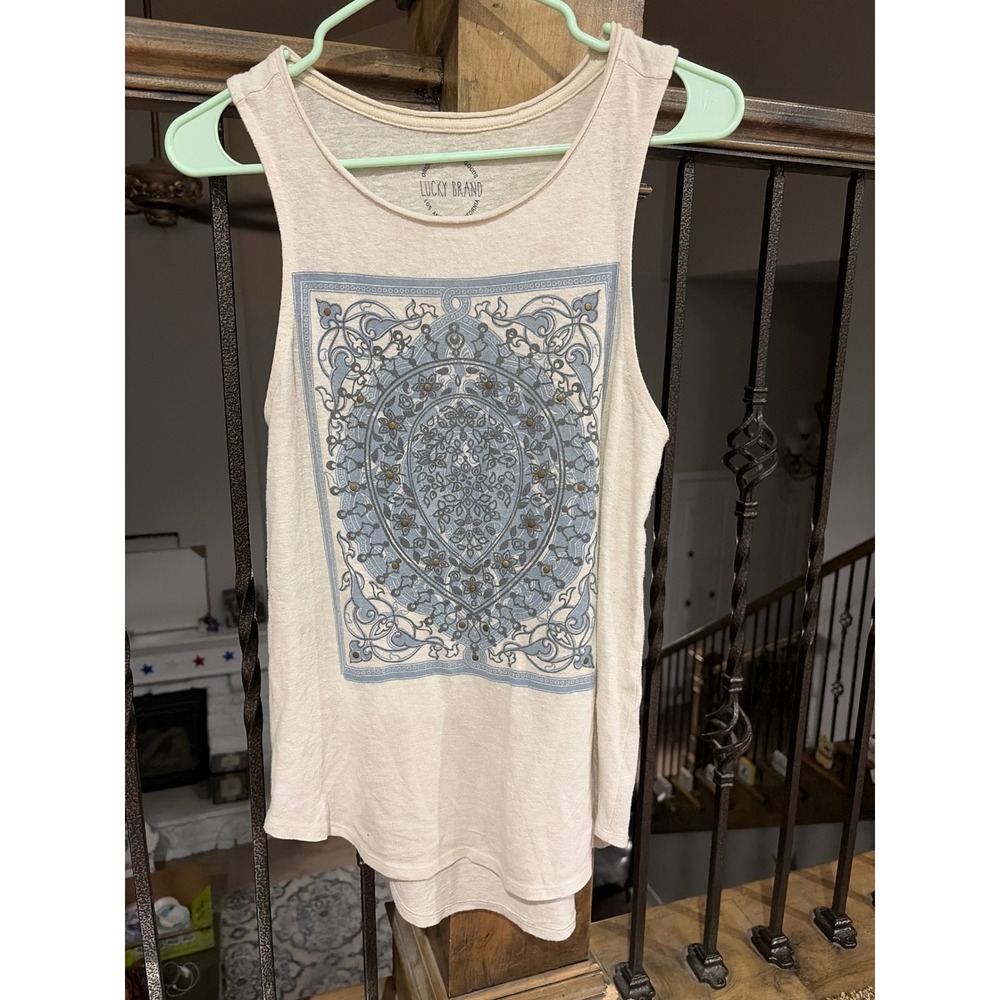 Lucky Brand Women Small Cream Graphic Tank Top Blue Mandala Studded High Low Hem